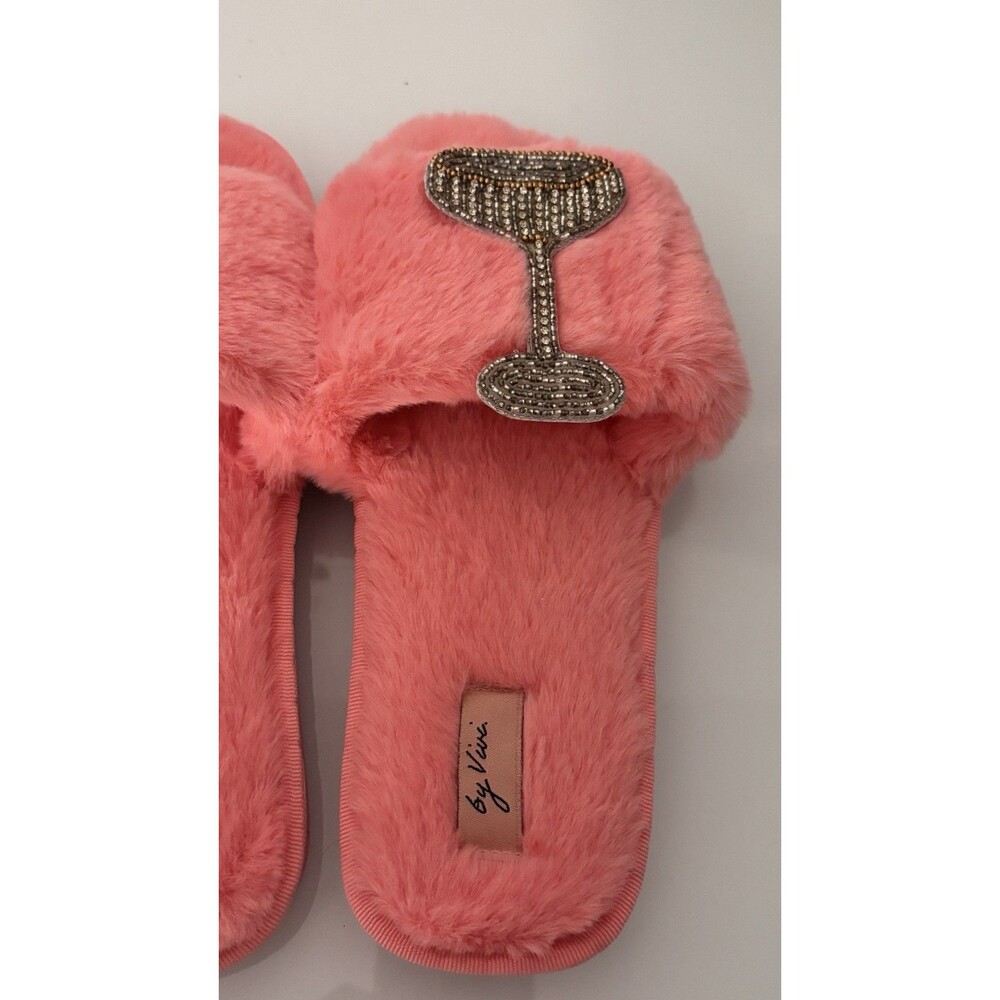 By Vici Pink Faux Fur Slide Slippers Beaded‎ Champagne Women's 9-10 - Picture 4 of 6